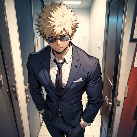 [Katsuki Bakugo, male muscular, mature] [blonde hair, short styled hair, blue eyes] [sunglasses, business suite, tie] [night time] [detail eyes, detail face, detail hand] [alone, standing outside a door]