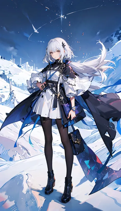 night sky, castle,  1girl, standing, solo, full body, , maribe, puffy short sleeves,  cape, backbag, white hair, short bob, olhos amarelos, 