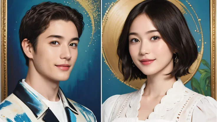 321 (A 20-year-old woman and a 20-year-old man), (     super real ), (High image quality), (     short hair ), (smile), ((     gorgeous costume     )), ((Gorgeous painting))