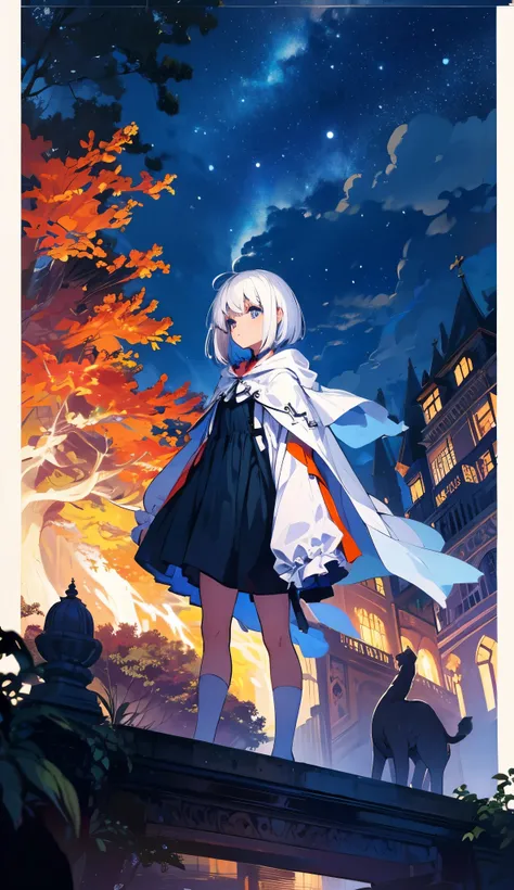 night sky, castle,  1girl, standing, solo, full body, , maribe, puffy short sleeves,  cape, backbag, white hair, short bob, olhos amarelos, 