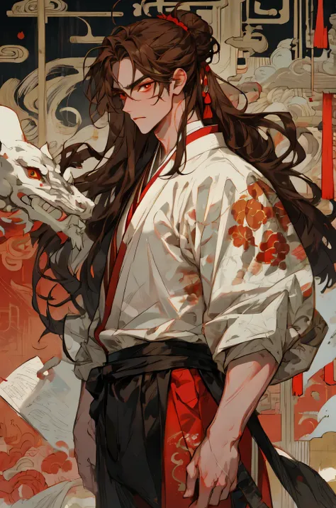 masterpiece, best quality, Detailed Eyes, 1 man, handsome, tall, fit, brown hair, long hair, red eyes, half updo, messy hair, Oriental, Red Hanfu , cowboy shot, artist:fashionable,  extremely delicate and beautiful, masterpiece, [20&#39;s, very small head, very small face], provocative gaze 、 shining eyes , hair over eyes, pale skin, manhood,  waist-length hair wearing multiple layers of court attire, flushing , male, Gorgeous decorations, Red cloth on shoulders , 매우  broad shoulder , looking at viewer, Muscular,  flowing hair and long robe ,  broad shoulder , Very wide upper body, Multiple layers of court costumes