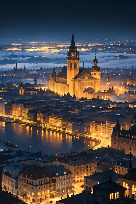 a city at night with fog, seen from above with baroque architecture , realistic, landscape, photorealisam, ultragraphics.