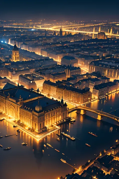 a city at night with fog, seen from above with baroque architecture , realistic, landscape, photorealisam, ultragraphics.