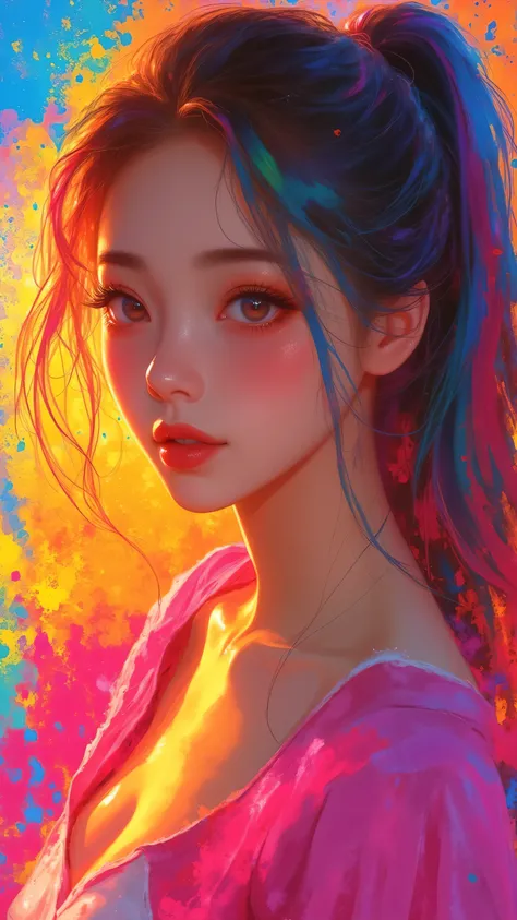 Pink long t-shirt：1.9),（Colorful hair：1.8）,（Rainbow of all colors：1.8),（（（（Vertical painting：1.6))), (painting a：1.6, front,big eyes, crystal -clear, (rainbow color gradient high ponytail：1.7）,Delicate makeup,Cover mouth,(Small Fresh:1.5),long eyelashes,Wh...