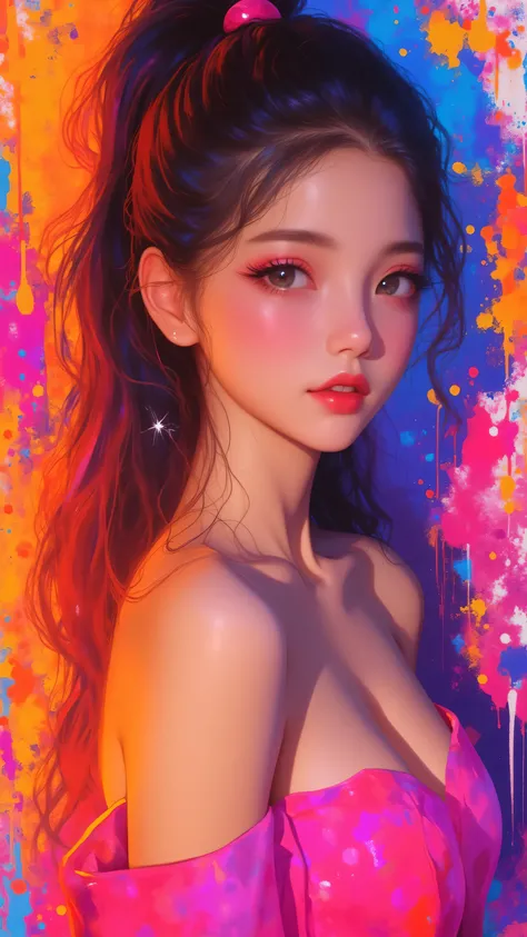 Pink long t-shirt：1.9),（Colorful hair：1.8）,（Rainbow of all colors：1.8),（（（（Vertical painting：1.6))), (painting a：1.6, front,big eyes, crystal -clear, (rainbow color gradient high ponytail：1.7）,Delicate makeup,Cover mouth,(Small Fresh:1.5),long eyelashes,Wh...