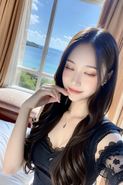 (Realistic,  Hi-Res: 1.3), 1 Girl with a perfect body,  draws a picture of a young woman with long dark hair lying on her bed。 She wears a black lace top .、 Please close his eyes and smile softly 、 He seems relaxed .。 There is a large window in the backgro...