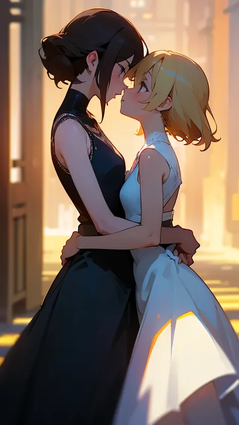 ( NEON STREET )、Two women are kissing side by side ,  wearing an evening dress,  sleeveless, At the same height, brunette blonde ,  smaller, chest, masterpiece, Best Quality,  amazing shadows ,  detailed background , Silk Shot、( blur background)、