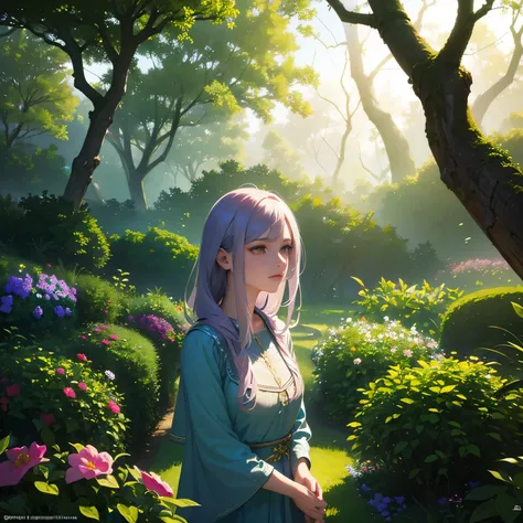 a surreal, dreamlike scene of a young woman in a garden, feeling a sense of disorientation and confusion, (best quality,4k,8k,highres,masterpiece:1.2),ultra-detailed,(realistic,photorealistic,photo-realistic:1.37),1girl,detailed eyes,detailed lips,extremel...