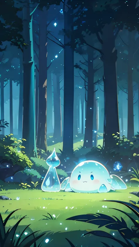 In a magical isekai world, a small, round slime creature glows softly with a translucent, jelly-like body. Its color shifts between shades of blue and green, with hints of sparkling light within, giving it an almost ethereal appearance. The slime has large...