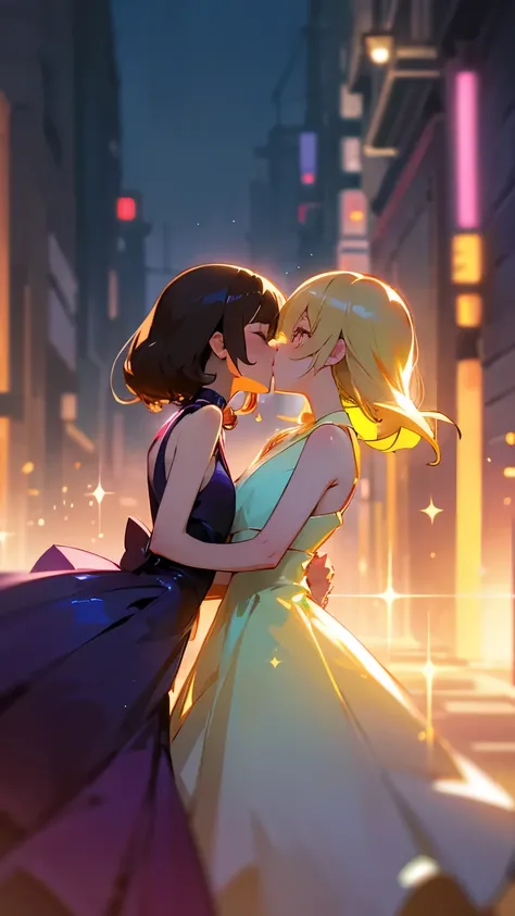 (Neon Street Sparkle:1.2)、 women are kissing side by side,  are wearing evening dresses,  sleeveless, At the same height, Two brunette blonde ,  smaller, chest, masterpiece, Best Quality,  amazing shadows ,  detailed background , Silk Shot、( blur backgroun...