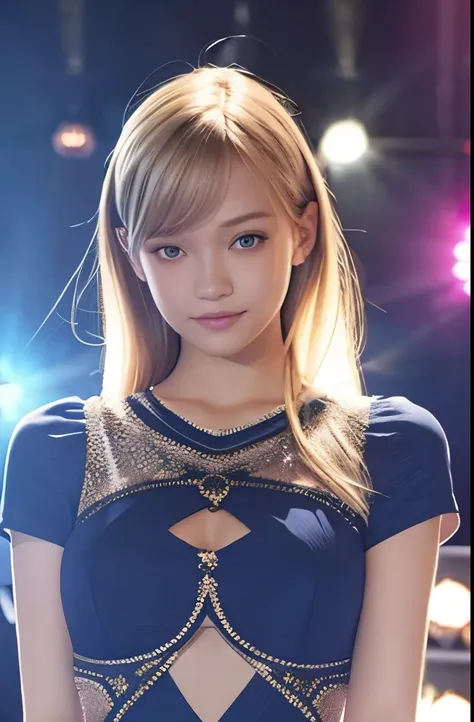 (she looks like gemma ward:0.9), (idol, cute idol dress, idol stage:1.4), straight hair, narrow eyes, flat chest, (jumping, from below), smile, happy, looking at viewer, (full body), (Realism:1.4), (hyper realistic:1.4), (realistic:1.3), (soft light:1.05),...