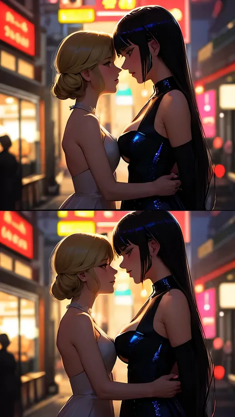 (Neon Street Sparkle:1.2)、 women are kissing side by side,  wearing an evening dress,  sleeveless, At the same height, brunette blonde ,  smaller, chest, masterpiece, Best Quality,  amazing shadows ,  detailed background , Silk Shot、( blur background)、