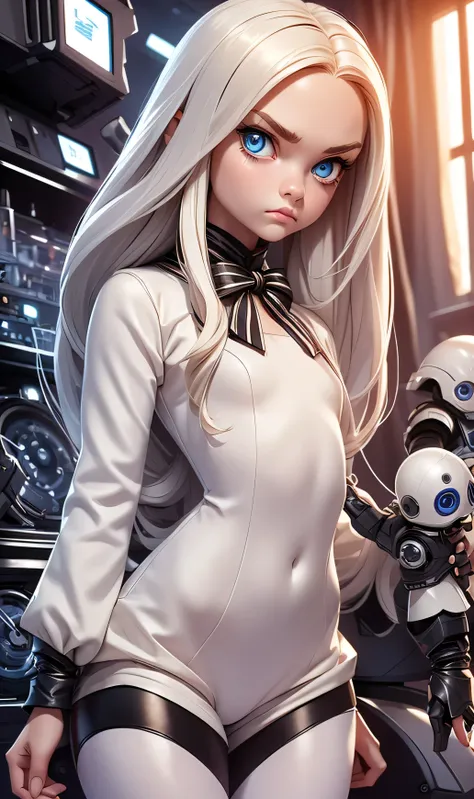 masterpiece , 1 girl,  long hair ,  white hair , blue eyes, doll, robot, annoyed,  full body ,  thin and small,  slender legs , ...