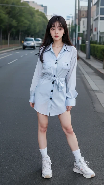 cinematic lighting, masterpiece, UHD, anatomically correct, textured skin, super detail, high quality, award winning, highres, 16k, 8k, full body shot, a young korean woman, age 25, medium breast, ((Button-Up Shirt Dress with Sneakers)), proud pose, neutra...