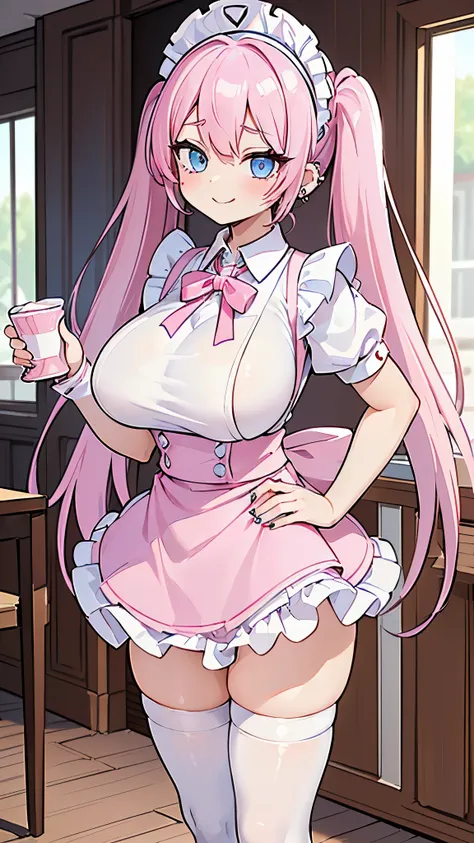 ((masterpiece、Best Quality、Super detailed)、((One person))、(( pink hair))、(( twin tails))、(( light blue eyes))、evil smile、((lots of piercings))、(( very big breasts ))、Sun visor、(( white collared shirt ))、((pink waitress))、waist apron、((micro miniskirt))、((w...