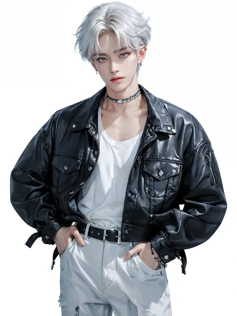 (4K)) ((very high quality)) ((white background)) stands straight , Korean, Участник K-pop группы, Yangzhe jeans — a bright and memorable character with a spectacular appearance ........ His hair is white. medium length hair. His eyes are light blue in ...