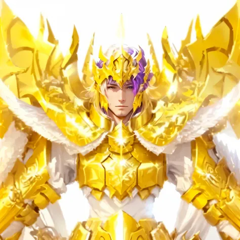 a close up of a person in a costume with a sword, angelic golden armor, gold paladin, golden armor, paladin golden armor, light gold armor, golden armor wearing, golden armour, wearing gold armor, gold armor, the god emperor of mankind, wearing golden armo...