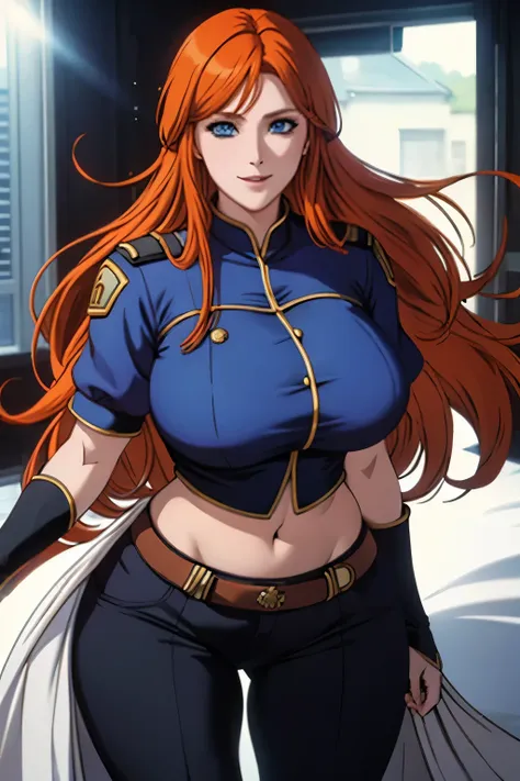 woman , long orange hair, ginger hair, blue eyes, smiling, white armors, black pants, big boobs, wide hips, large thighs,