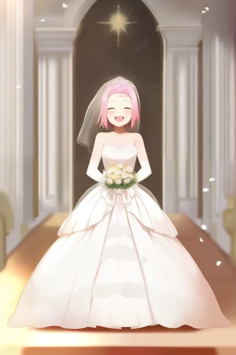 Sakura Haruno, ((Alone)), Alone, bride,  in a white wedding dress,  queen ,  happy , ((Show your forehead)),  is standing, Entering the Church,  Pink Hair,  short hair, delicate, young,  short hair,   detail face ,  high definition, ((whole body)), (Flower...