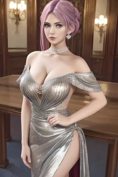 (1girl:1.5) , wearing a gorgeous silver fishtail gown, which is embellished with exquisite sparkling accessories, showing a luxurious texture. The dress is uniquely designed, with off-shoulder and fitted body shape. The upper part is mainly embroidered wit...