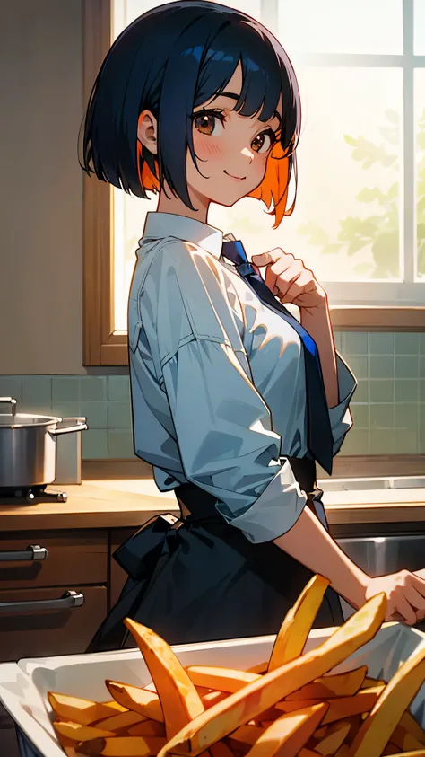  1 girl 、Anime Images、 kitchen、Cute woman cooking delicious food 、 eats french fries、 dark blue hair 、 bob cut from the front、 jet black brown eyes 、 ties her hair with orange hair clips、smile、From the side、Sharp contours、Background blur、 written from an u...