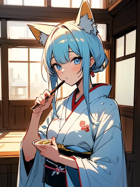 solo,upperbody,calamel color hair,fox ear,pastel blue eyes,winter snow glow design pattern kimono,japanease old house,indoor,eat udon,(manga style),(sketch),(illustration),