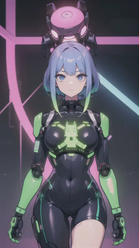 An android girl with mechanical body parts and robotic prothesis, in a neon future scene, 