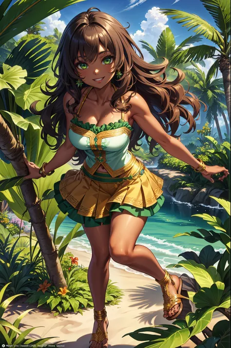 (extremely detailed CG unity 4k wallpaper),(masterpiece),(best quality),(ultra-detailed),(best illustration),(best shadow),(absurdres), Dominican young woman, Brown skin, Long wavy black hair, Green eyes, Smile, Make-up, Tropical garden, Short skirt, White...