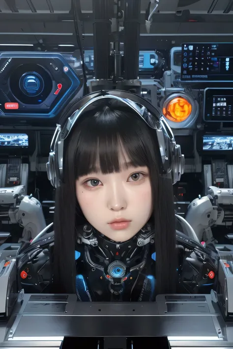 masterpiece, best quality, extremely detailed,portrait,upper body,front view,Japaese android girl,Plump, control panels,android,Droid,Mechanical Hand, Robot arms and legs,Blunt bangs,long tube,thick cable connected her neck,