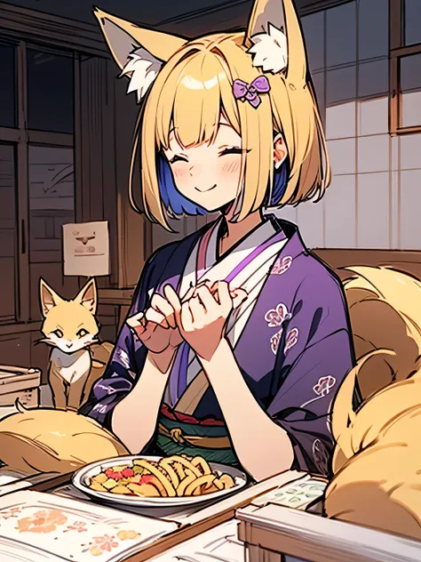 Alone,upperbody,calamel brown color bob,fox ear,smile,closed eyes,(beautiful some seasons flowers purple rainbow design pattern kimono),japanease old house,indoor,eat japanease noodle bowl,(I am a mail charactor),(Enchanting chest:1.3),(manga style),(sketc...