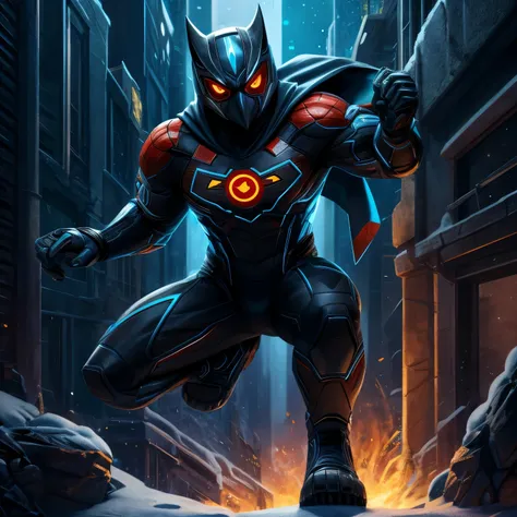 A full-body illustration of a teenage superhero in a serious DC Comics style. He wears a costume that combines modern technology with animal-inspired elements: a dark grey suit made of spandex and nanomaterials with deep red and navy blue accents forming s...