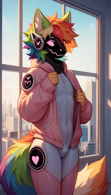 score_9, score_8_up, score_8, anime, (femboy), protogen, messy hair, warm glow, rainbow hair, rainbow fur body, (wearing a jumper bodysuit), looking out the window, (cozy apartment background, window,city_skyline)