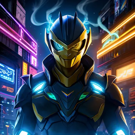 gloomy portrait of Zombie Yellow Ranger from Power Rangers, extremely detailed, futuristic cityscape, nighttime, glowing neon lights, smoke, sparks, metal shavings, flying debris, blue energy effects, volumetric light