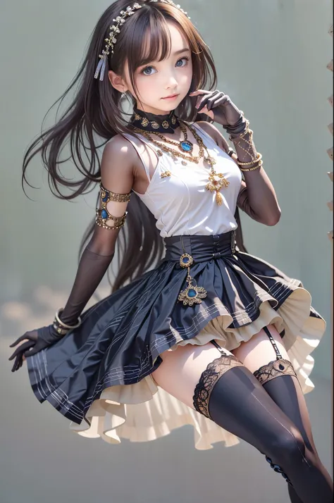 ((Best Quality)), ((masterpiece)), (( 1 girl)), Alone,  ((Knee-high)),  bare shoulders, (( jewelry)), ((Sleeveless)),  dress, skirt, ((Gloves)), Thigh height, do.