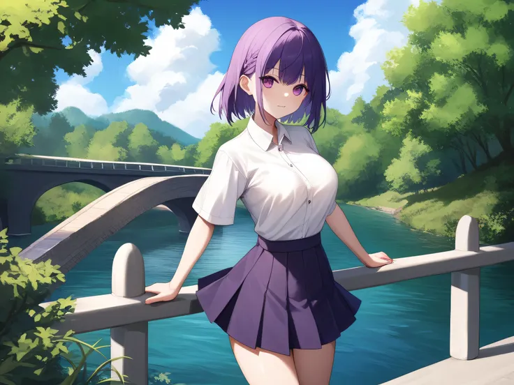 score_9, score_7_up, solo, outdoors, bridge, 
1girl, hijirimariko, purple hair, large breasts, shirt, skirt, looking at viewer,