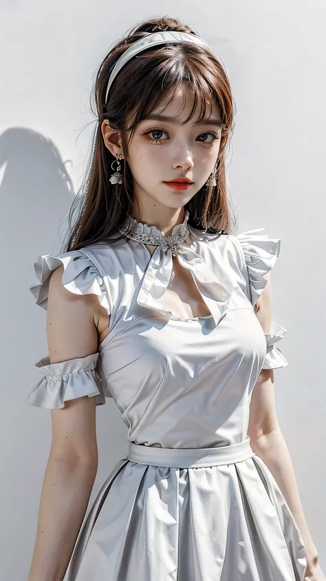 best quality,highly detailed,masterpiece,ultra-detailed,solo,(Delicate eyes),(white background:1.3),red eyes,standing,beltskirt,[red trench coat:20],jewelry, mole_under_eye, looking_at_viewer, frilled_hairband,earrings