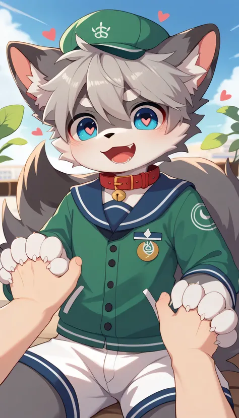  very detailedな,High image quality, Hi-Res,8K Hi-Res, very detailed,Grey Hair,Grey fur,Age 15,male, excited to see bones , wolf fur,Excited,participate, cute face, fluffy fur like one,A cute furry young man with a white and green hat ,Horny boy,cute ears ,...