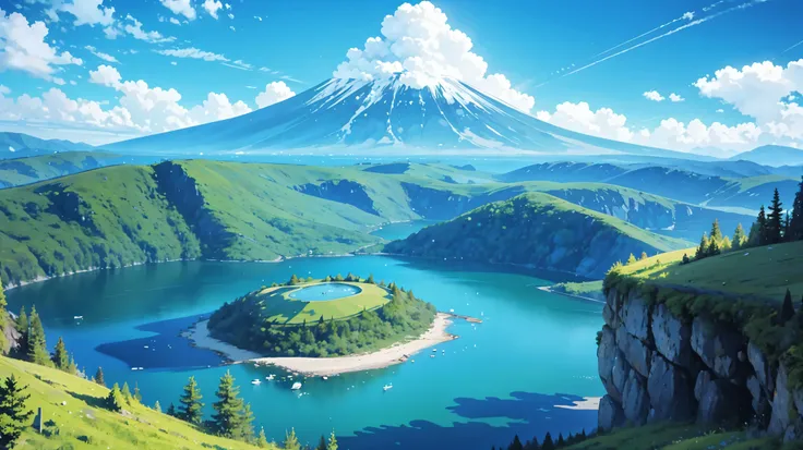 create a view of a lake with a forest and a volcano. blue sky with white clouds,  Natural lighting