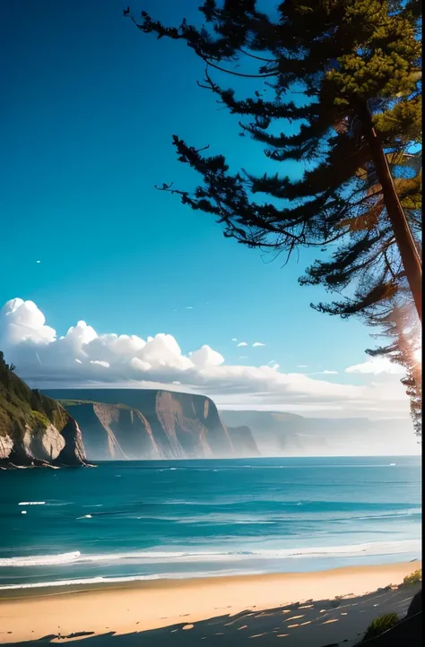 trees on the side of the beach, pacific northwest coast, oregon, mountains and ocean, california coast, by Doug Wildey, by Jim Nelson, by Etienne Delessert, by Ben Stahl, by Alexander Robertson, sand mists, by Greg Spalenka, pacific northwest, breath takin...