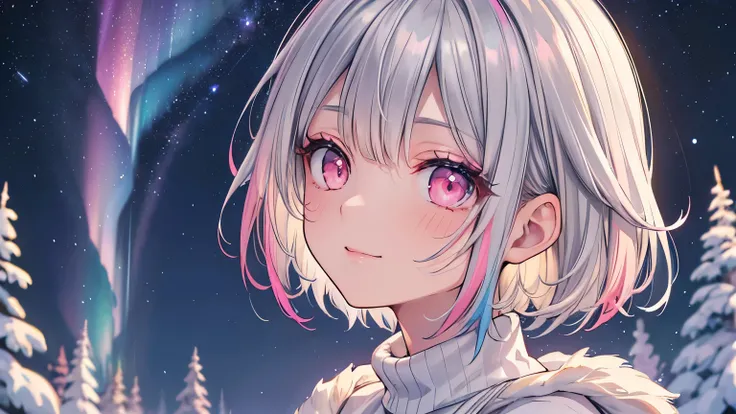 ((​masterpiece, Hi-Res,8K quality,top-quality)), one girl,(( extremely detailed face )),woman, DELICATE EYES FULL OF DECISION,(( pink eyes)),((Hairstyle on:Very short,Gray Hair)), lens flare , dramatic makeup , look back and smile,Natural Skin Tone, big fu...