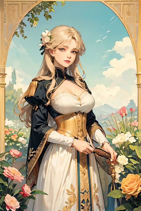 a beautiful detailed woman with long golden hair, intricate Alphonse Mucha style floral patterns and designs, masterpiece, best quality, digital painting, film, background of flowers, Artoria Pendragon, detailed breasts