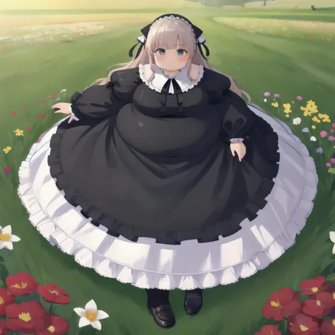 Beautiful Queen, obesity, long sleeve , dress,ribbon, pantyhose,frills, Puff Sleeves,black dress,black pantyhose,neck ribbon,frilled dress, juliet sleeve,white ribbon,skirt, full body, Field and flowers in the background , achromatic , masterpiece, Ul...