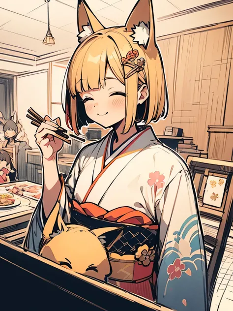 sideview,Alone,upperbody,(looking at viewer:1.3),(calamel blonde color bob),fox ear,smile,closed eyes,(beautiful some seasons flowers sando color rainbow design pattern kimono),japanease old house,indoor,(eat japanease noodle bowl),japanese chopsticks,tabl...