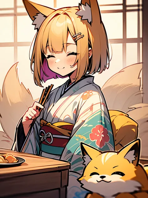 sideview,Alone,upperbody,(looking at viewer:1.3),(calamel blonde color bob),fox ear,smile,closed eyes,(beautiful some seasons flowers sando color rainbow design pattern kimono),japanease old house,indoor,(eat japanease noodle bowl),japanese chopsticks,tabl...