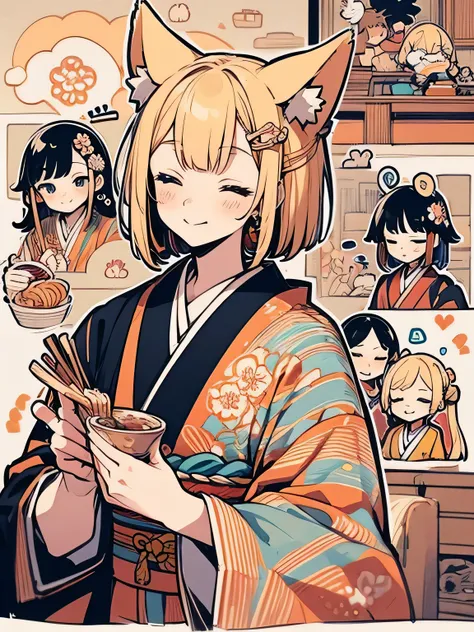 sideview,Alone,upperbody,(looking at viewer:1.3),(calamel blonde color bob),fox ear,smile,closed eyes,(beautiful some seasons flowers sando color rainbow design pattern kimono),japanease old house,indoor,(eat japanease noodle:1.2),japanese chopsticks,table...