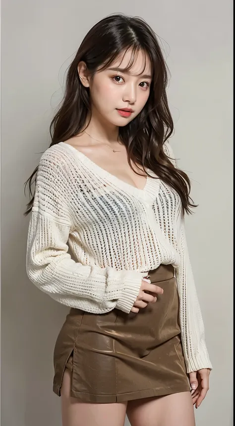 Top quality, one beautiful woman, wearing V-neck Sweater and mini skirt, 35mm lens, f/1, cowboy shot, (white background: 1.3), flat chest, Half Smile