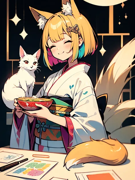 sideview,Alone,upperbody,(looking at viewer:1.3),(calamel blonde color bob),fox ear,smile,closed eyes,(beautiful some seasons flowers sando color rainbow design pattern kimono),japanease old house,indoor,(eat japanease noodle:1.2),japanese chopsticks,table...