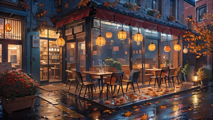 Best quality, masterpiece, ultra high res, (visually satisfying cozy cafe), (aesthetic modern lights, fall season, wet road, extremely detailed cafe, leaves falling on the road, lofi chill atmosphere), (((lofi cozy chill atmosphere, extremely detailed mode...