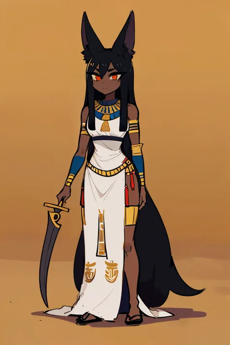 Female, Ancient Egyptian clothing, jackal ears, desert background, serious, narrow eyes, dark skin, suspicious expression, holding a scimitar