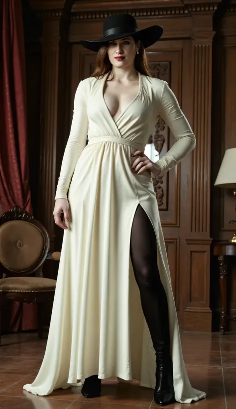 kathryn hahn as alcina dimitrescu, posing in a castle, black hat, white dress, black high tights, high heels